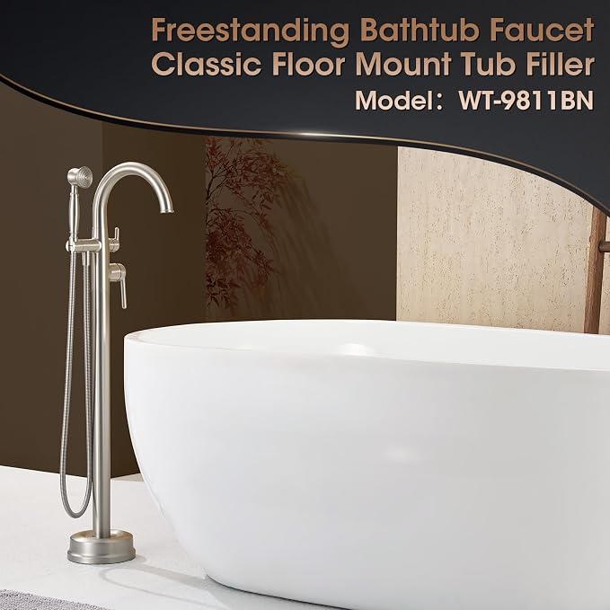 Brushed Nickel Freestanding Bathtub Faucet, Brass Floor Mount Tub Faucet High - Image 2