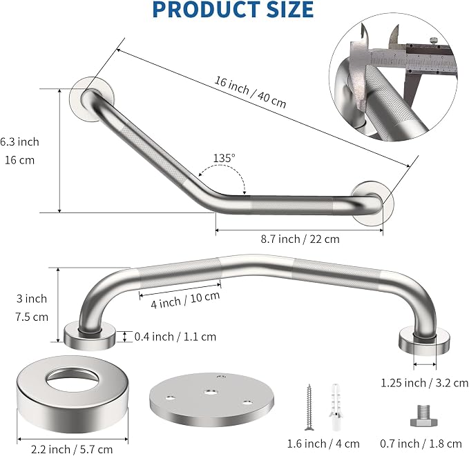 16 Inch Angled Shower Grab Bar, Munzong 2 Pack Anti Slip Satin Brushed Nickel - Image 2
