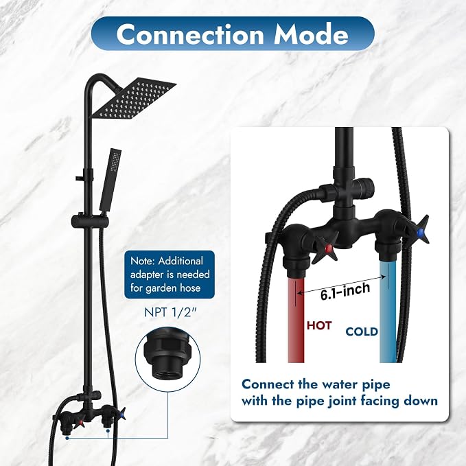 Wall Mounted Outdoor Shower System Matte Black 6" Square Rainfall Shower head - Image 4