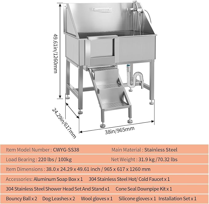 38" Professional Dog Wash Station, Stainless Steel Dog Grooming Tub - Image 2