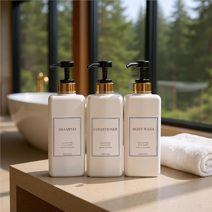 Modern Gold Design Pump Bottle Set 27 oz Refillable Shampoo and Conditioner - Image 5