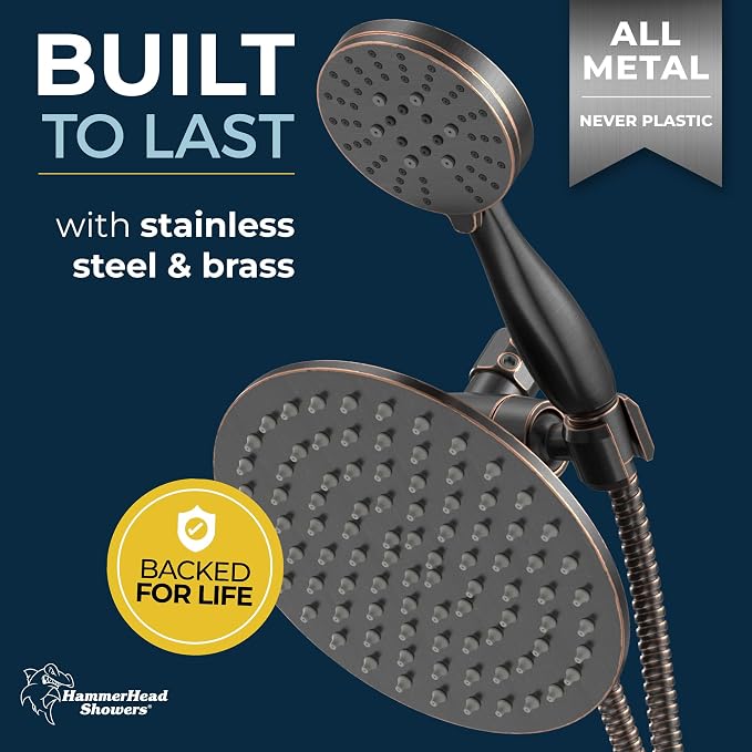 HammerHead Showers Dual Shower Head Combo, 8-Inch Rainfall & 3-Flow Handheld - Image 2