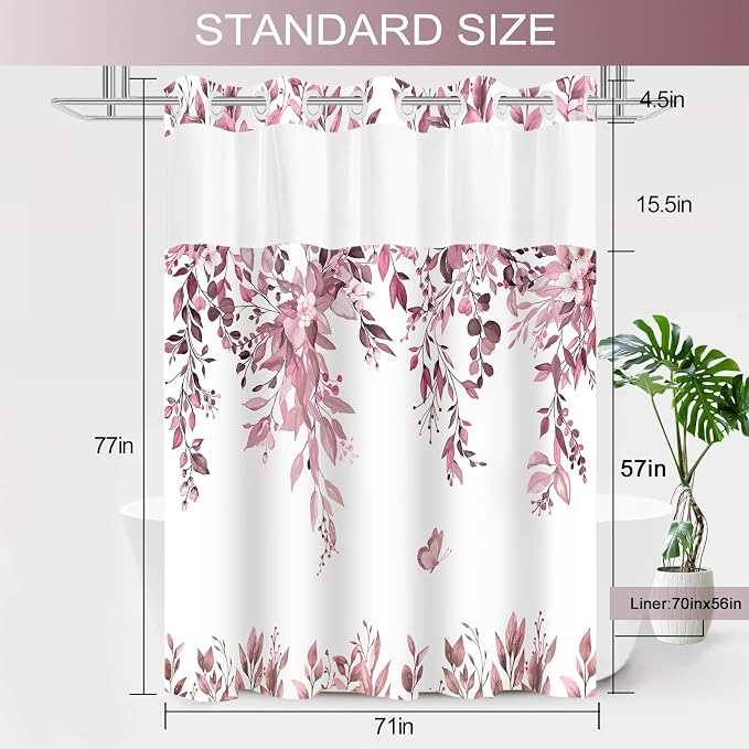 No Hook Shower Curtain and Liner Set, Dark Red Eucalyptus Floral Shower Curtains - Image 7