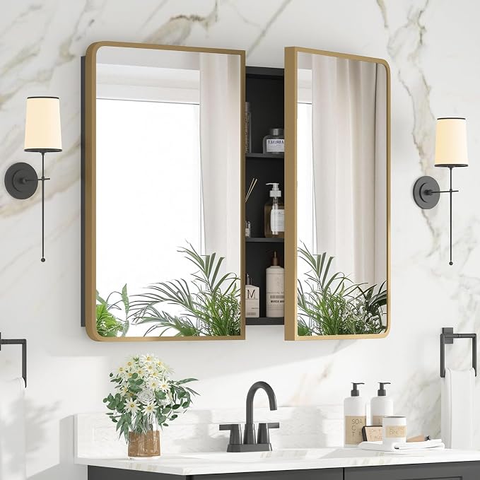 Bathroom Medicine Cabinet with Mirror 24 x 30 Inch, Brush Gold Medicine Cabinet by Unknown