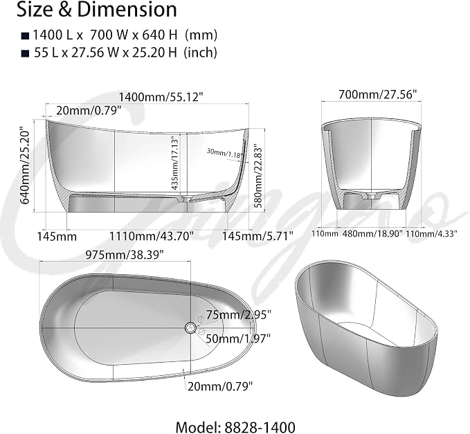 Cpingao Stone Resin Solid Surface 55" Oval Freestanding Bathtub, Modern Stand - Image 5