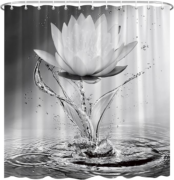Lotus Shower Curtain Black White Grey Flower Elegant Blooming Floral by showercurtain