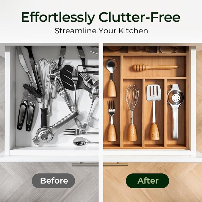 Carbonized Bamboo Kitchen Drawer Organizer, 8 Slots Silverware Organizer - Image 7