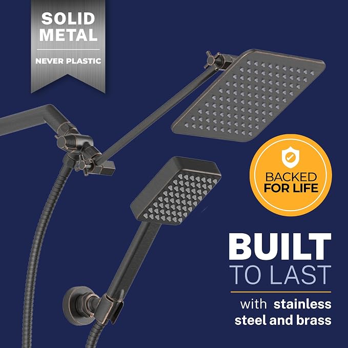 HammerHead® Solid Metal Dual Shower Head Combo — 8" Square Rain Shower Head - Image 6