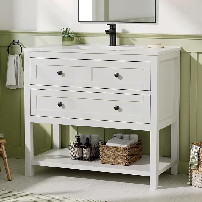 36 Inch Bathroom Vanity with Sink, Farmhouse Storage Cabinet with Drawers & - Image 3