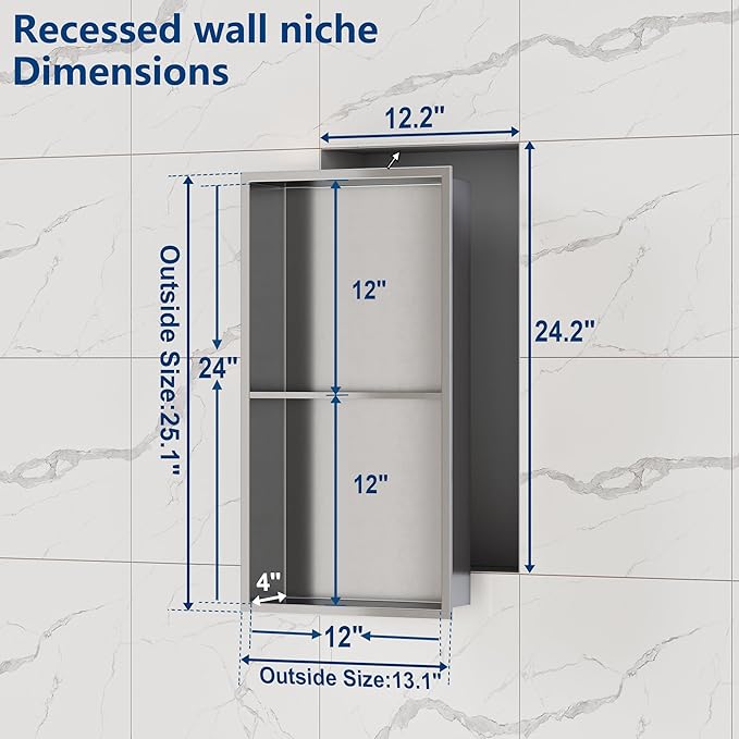 Neodrain No Tile Shower Niche, Stainless Steel Wall Niche 13.1"X25.1", Two-Tier - Image 2
