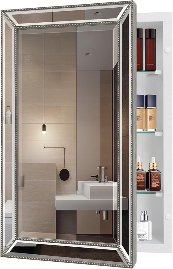 Bathroom Medicine Cabinet with Silver Metro Beaded Wooden Frame, 20x32 Inch by HOME