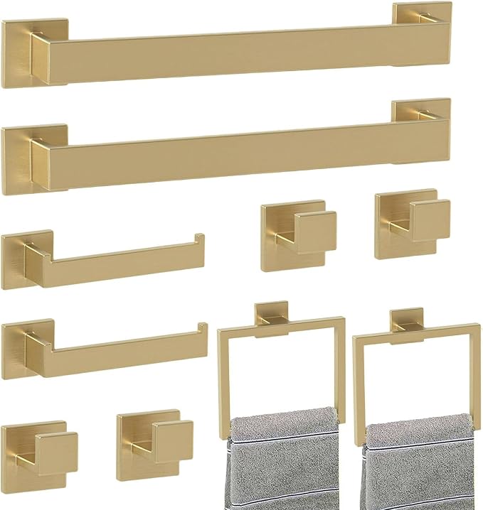 Bathroom Accessory Towel Bar Set: 10 Pieces Gold Bathroom Hardware Square by PAHSFSLLC