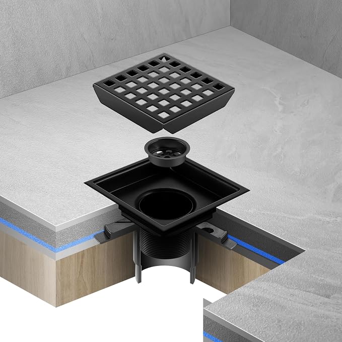 Shower Drain, Matte Black 4 inch Square Shower Floor Drain - Image 6