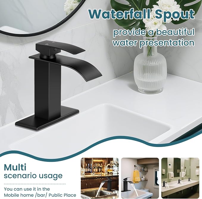 Bathroom Faucets Matte Black Waterfall Bathroom Sink Faucet Modern Single - Image 5