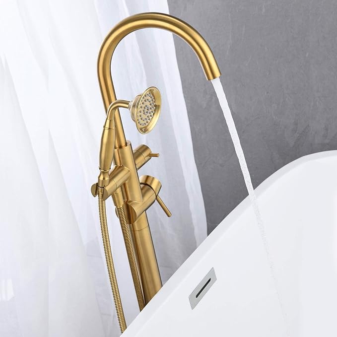 Tub Filler Freestanding Bathtub Faucet Brushed Gold Floor Mounted Brass - Image 4