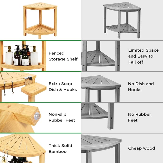 Ollieroo 2-Tier Bamboo Corner Shower Stool - Image 7