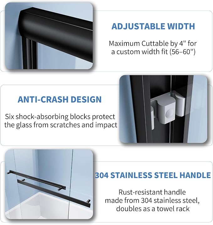 56-60″x 58″ Semi-Frameless Sliding Bathtub Shower Door, 1/4" Tempered Glass - Image 6
