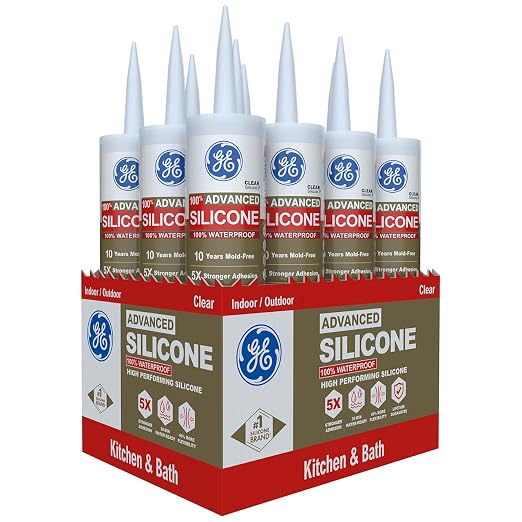 GE Advanced Silicone Caulk for Kitchen & Bathroom, 10 fl oz Cartridge, 12 Pack by GE