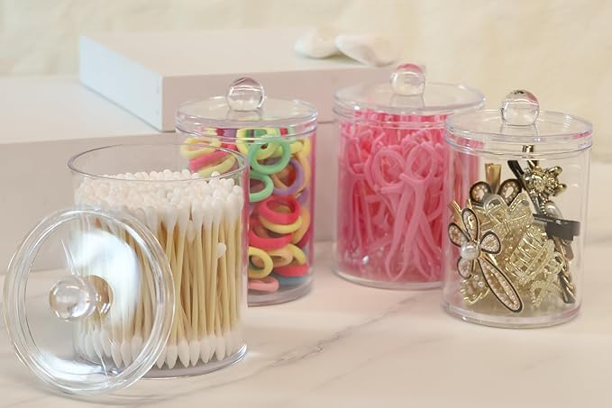4 Pack Acrylic Qtip Holder Dispenser, Bathroom Canisters Apothecary Jar Set - Image 3