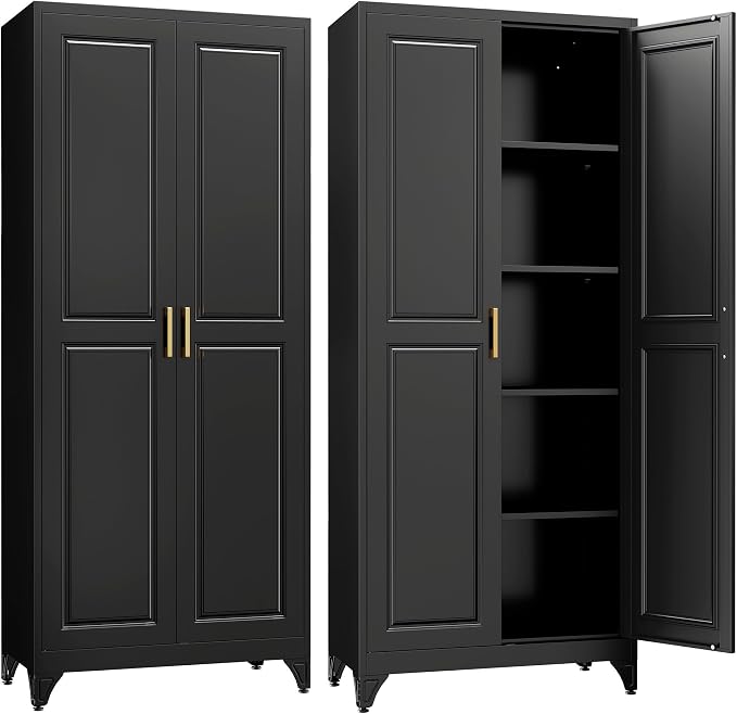 Kitchen Pantry Cabinet, 75”Black Metal Storage Cabinets by Steeloong