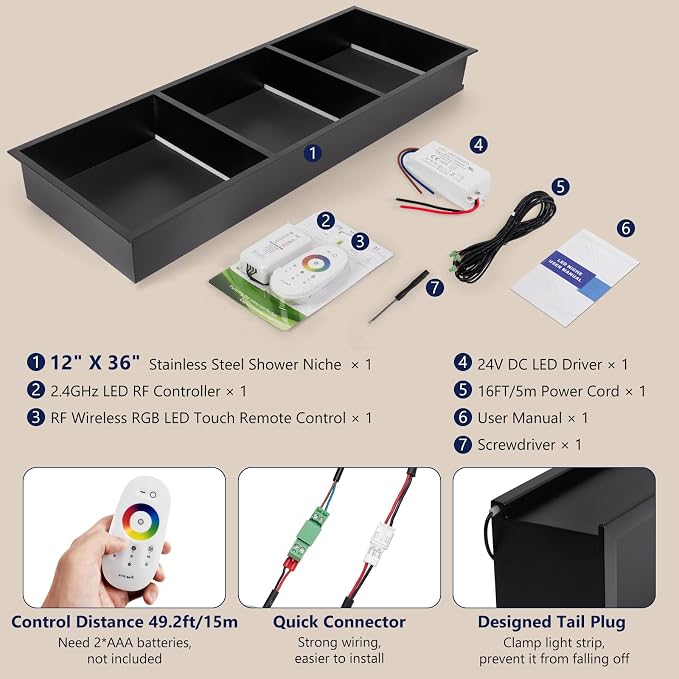 12" X 36" RGB LED Shower Niche No Tile Needed, 304 Stainless Steel Shower Niche - Image 5