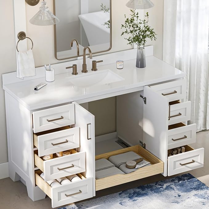 ARIEL 61" White Bathroom Vanity 1.5" Edge Pure White Quartz Countertop & Splash - Image 3