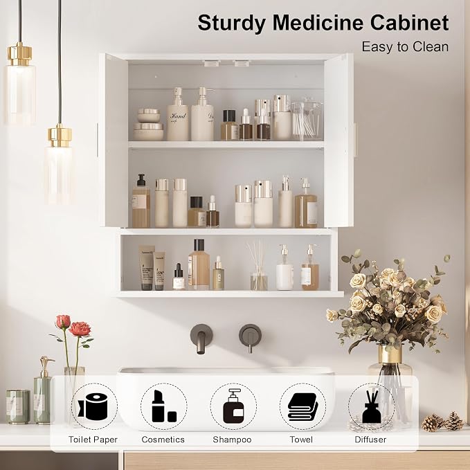 Medicine Cabinet for Bathroom, 2 Doors White Bathroom Wall Cabinet - Image 4