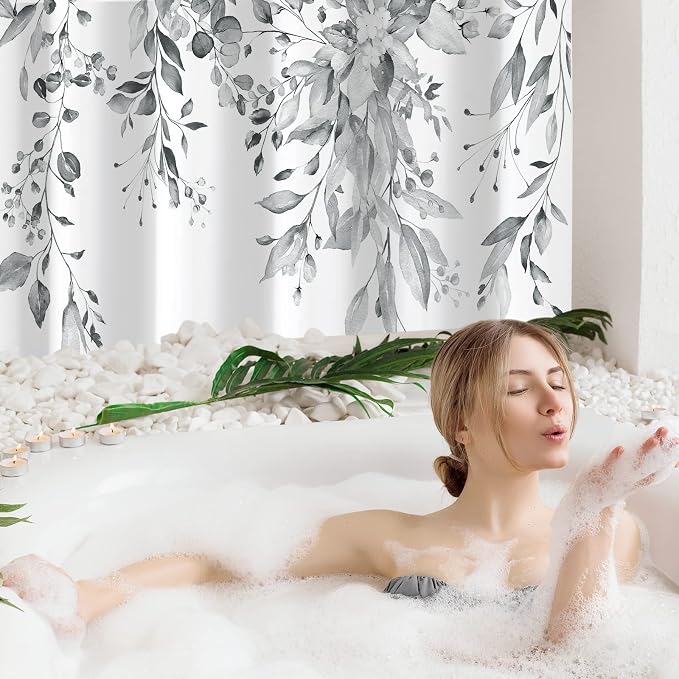 Gibelle Grey Eucalyptus Shower Curtain, Watercolor Plant Leaves - Image 2