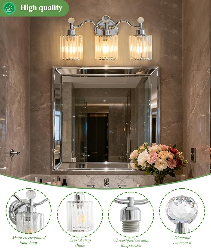 Modern Crystal Bathroom Vanity Light, 3-Lights Bathroom Light Fixtures - Image 6