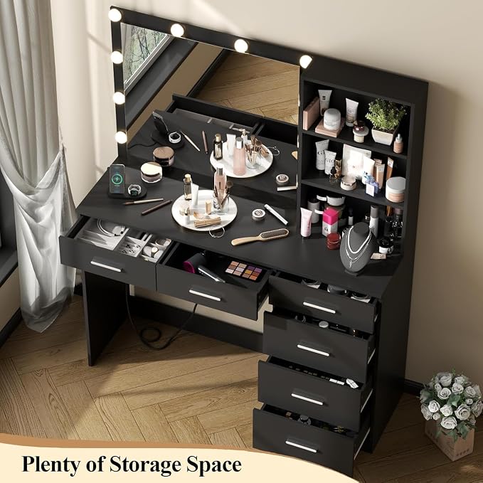 Loomie Vanity Desk with Lighted Mirror & Power Outlet, Makeup Vanity Table with - Image 3
