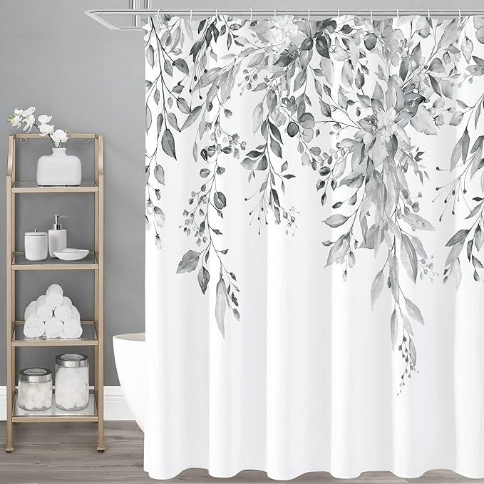 Gibelle Grey Eucalyptus Shower Curtain, Watercolor Plant Leaves by Gibelle