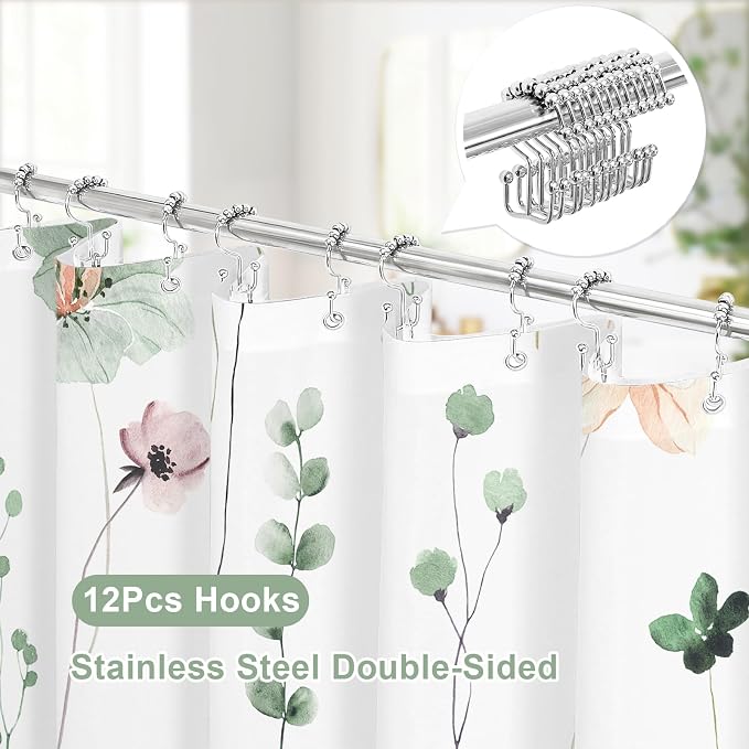 Gibelle 3 in 1 Shower Curtain Set, Sage Green Watercolor Floral Bath Curtain - Image 3