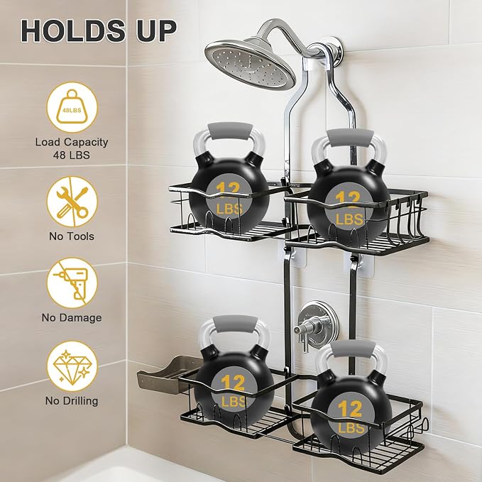 Shower Caddy Hanging Organizer, Rustproof Over Shower Head Caddy Holder - Image 3