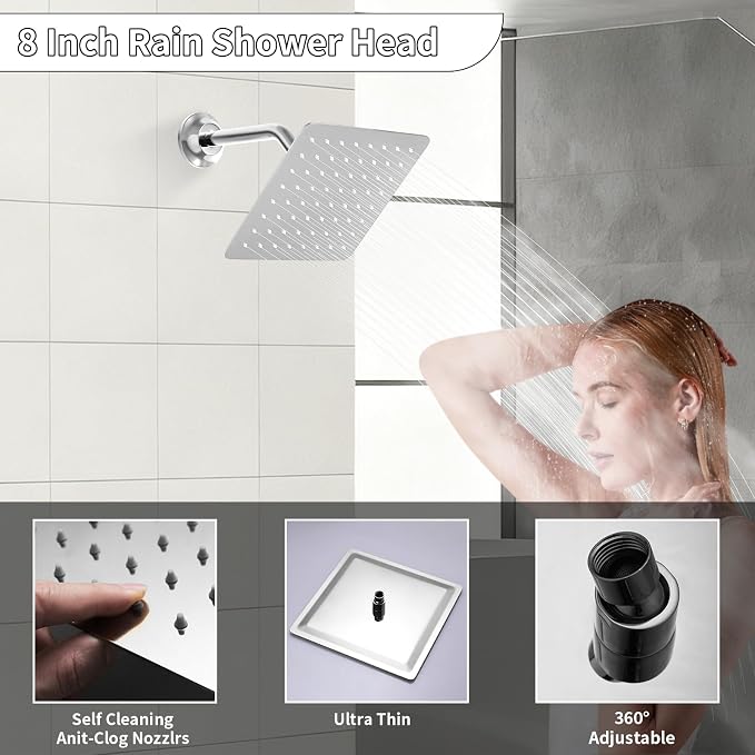Bathroom Rainfall Shower System Wall Mount 8 Inch Shower Head - Image 2