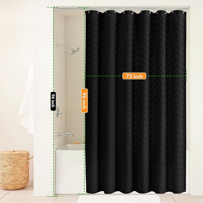 Extra Long Black Boho Shower Curtain 96 Inch Black Tufted Chevron Striped - Image 2