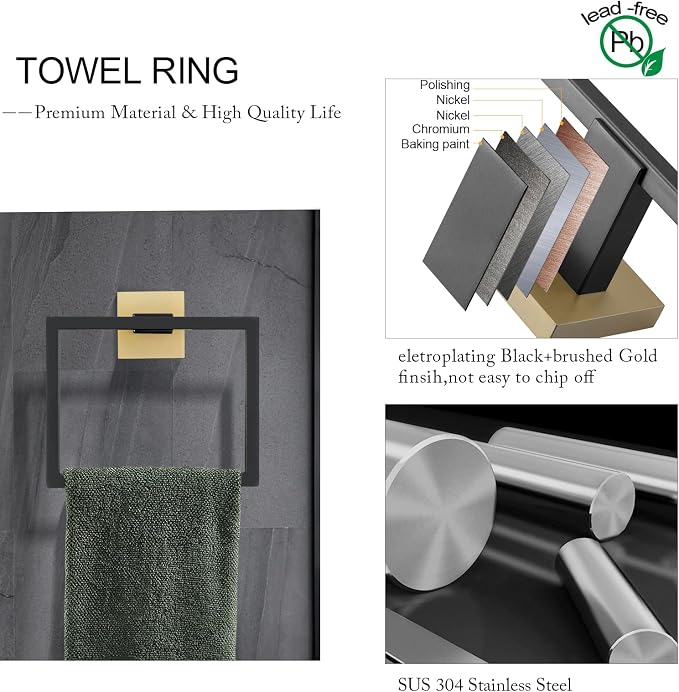 TNOMS 5 Pieces Bathroom Hardware Accessories Set Black and Gold Towel Bar Set - Image 2