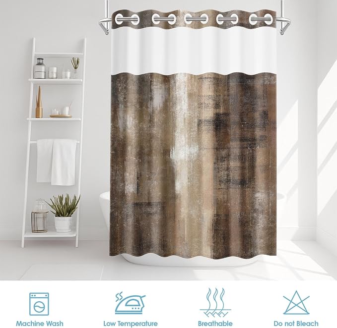 No Hook Brown Grey Painting Shower Curtain - Image 7