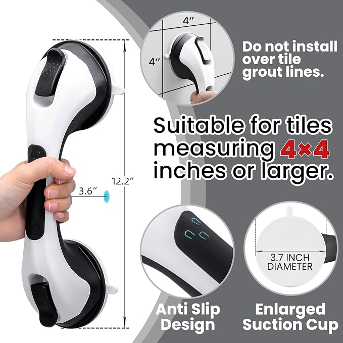 TAILI Shower Handles for Elderly Suction, 2 Pack 12 Inch Shower Grab Bars for - Image 3