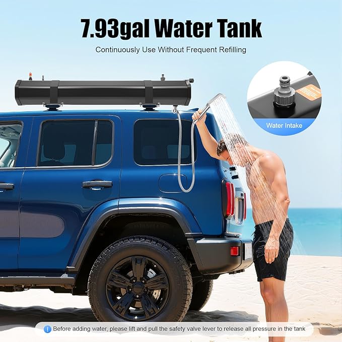 Portable Car Camping Shower, Pressurized Water Tank 7.93 Gallon Roof Rack Mount - Image 3