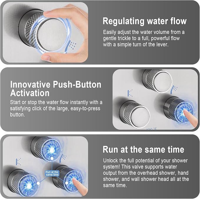 Modern Push Button 3 Way Thermostatic Shower Valve, Concealed 3 Outlet Multi - Image 2