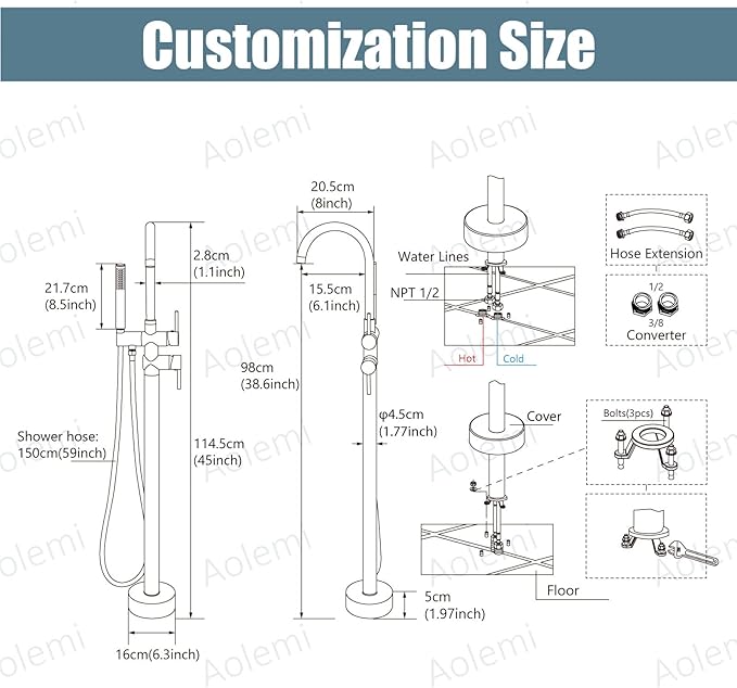 Aolemi Floor Mount Bathtub Faucet Freestanding Tub Filler Standing High Flow - Image 2