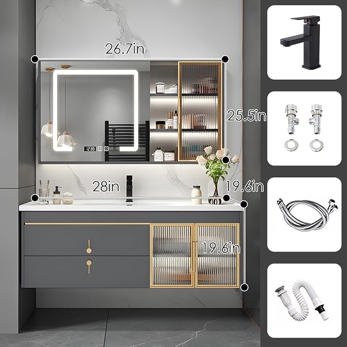 28" Bathroom Vanity with Sink, Floating Bathroom Cabinet Include Smart LED - Image 2