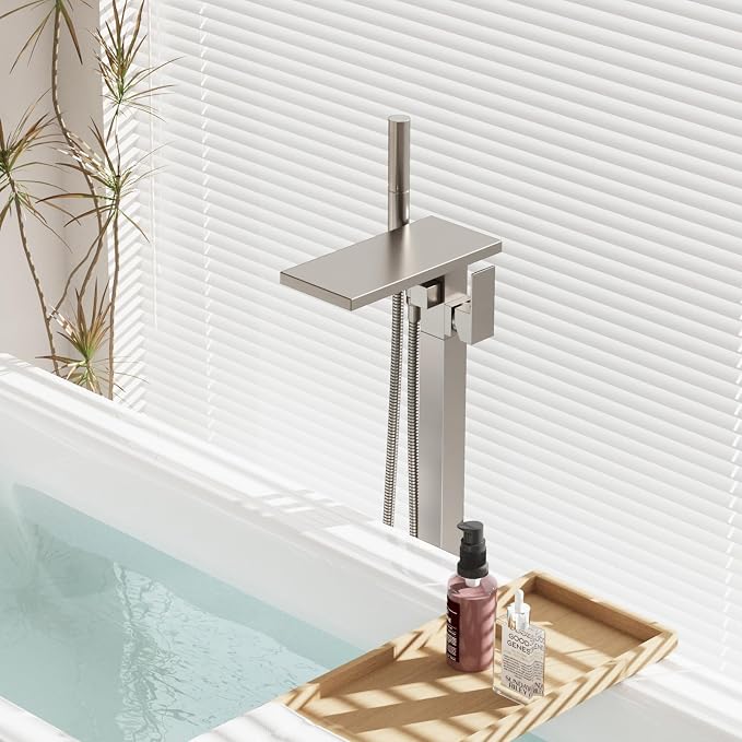 Hoimpro Floor Mount Bathtub Faucet Freestanding Waterfall Tub Filler, Brushed - Image 2