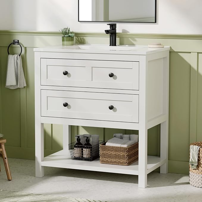 30 Inch Bathroom Vanity with Sink, Farmhouse Storage Cabinet with Drawers & - Image 3