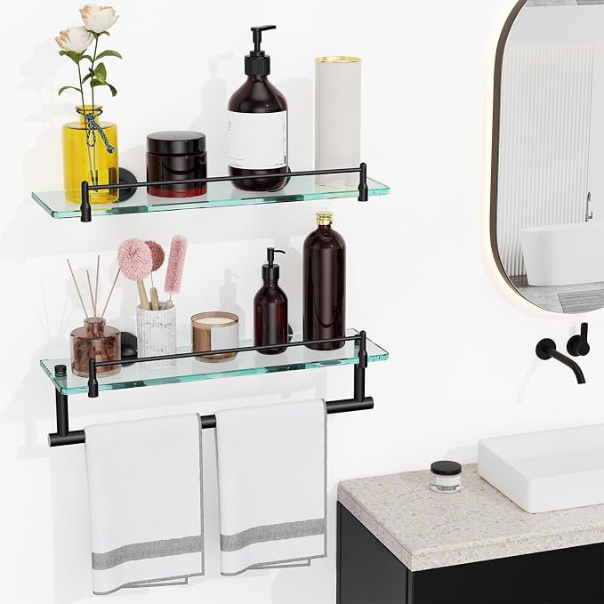 Glass Bathroom Shelves, Matte Black Floating Shelves - Image 2