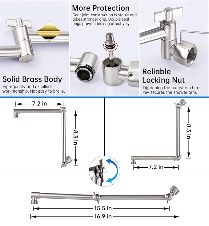 G-Promise 16 Inch Shower Head Extension Arm, Solid Brass Height & Angle - Image 2
