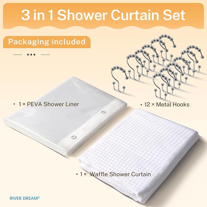River Dream Extra Long Waffle 3 in 1 Shower Curtain Set, Waterproof - Image 7