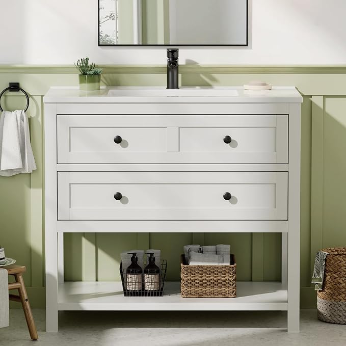 36 Inch Bathroom Vanity with Sink, Farmhouse Storage Cabinet with Drawers & by DELUXELIVING