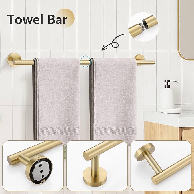 10-Piece Brushed Gold Towel Bar Set Bathroom Hardware Set Include 23.6in Towel - Image 2