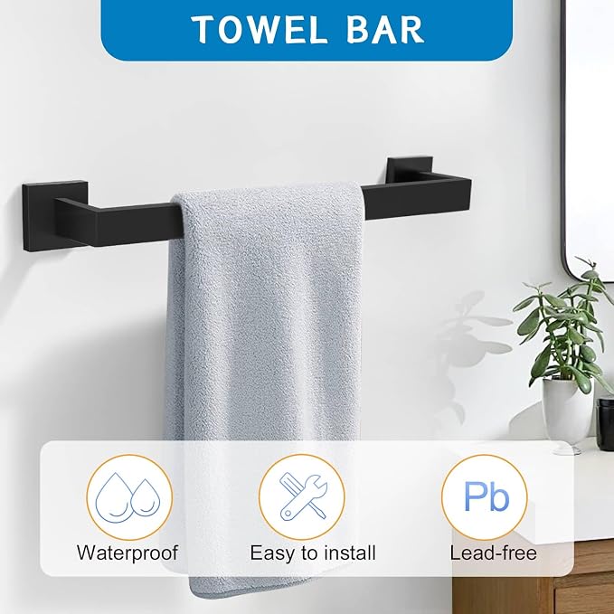 TNOMS Matte Black 10 Pieces Bathroom Hardware Accessories Set Towel Bar Set - Image 2